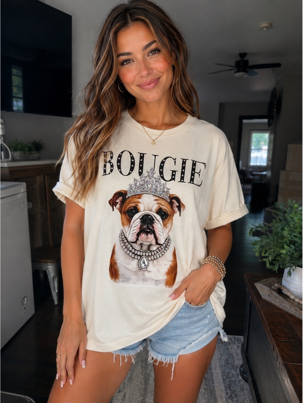 Women's 'Bougie' Bulldog Graphic T-Shirt, Rhinestone Crown and Necklace Design